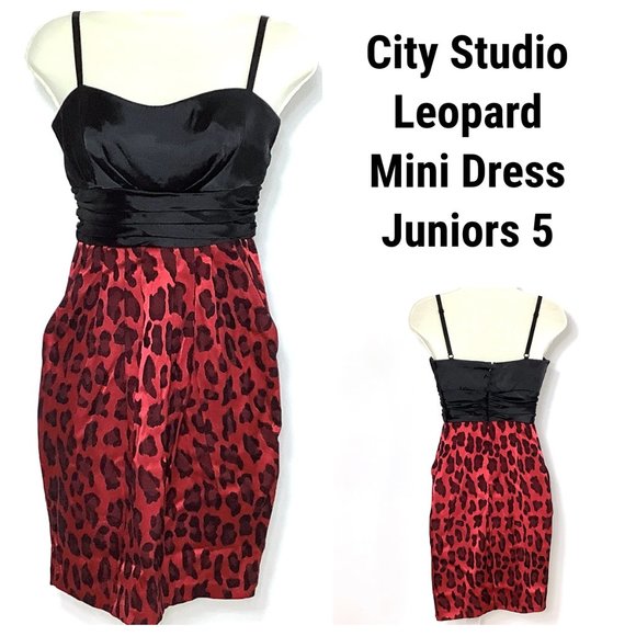 Party Dress Red Leopard Animal Print Black Size 5 Sleeveless City Studio - Picture 1 of 9